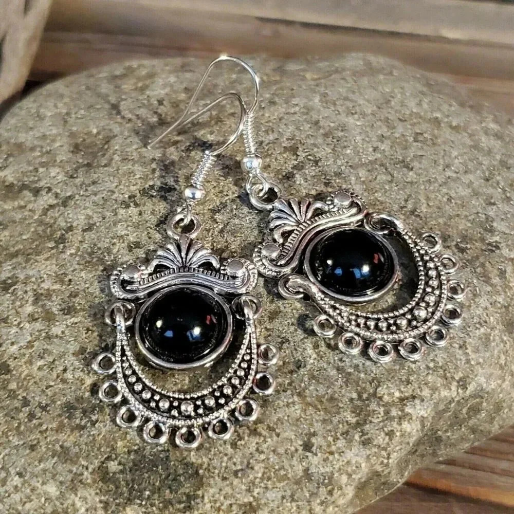 Antique Silver Art Nouveau Faux Black Onyx Stone Dangle Earrings